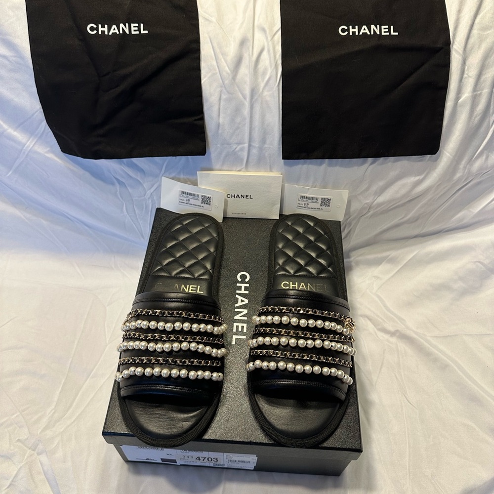 CHANEL Lambskin Palace Pool Mules with Pearl and Gold Accents
